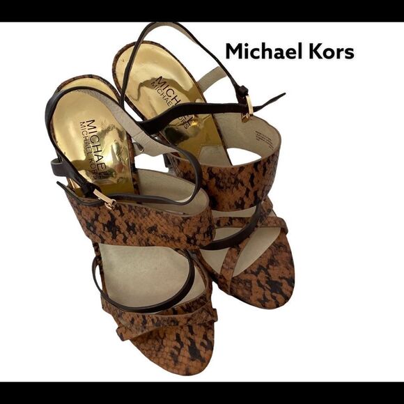 NEW Michael Kors brown snakeskin embossed leather platform strappy heel sandal 9 - Picture 1 of 12